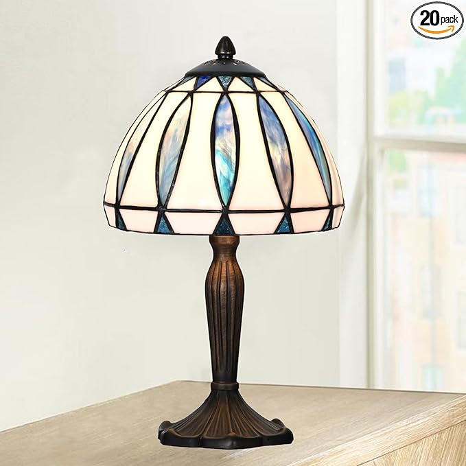 TL0034 Tiffany Style Table Lamp with Stained Glass Shade, Vintage Bronze Base W 8" x OH 14.25", Great for Home Office Small Space, LED Bulb Included (Blue White)