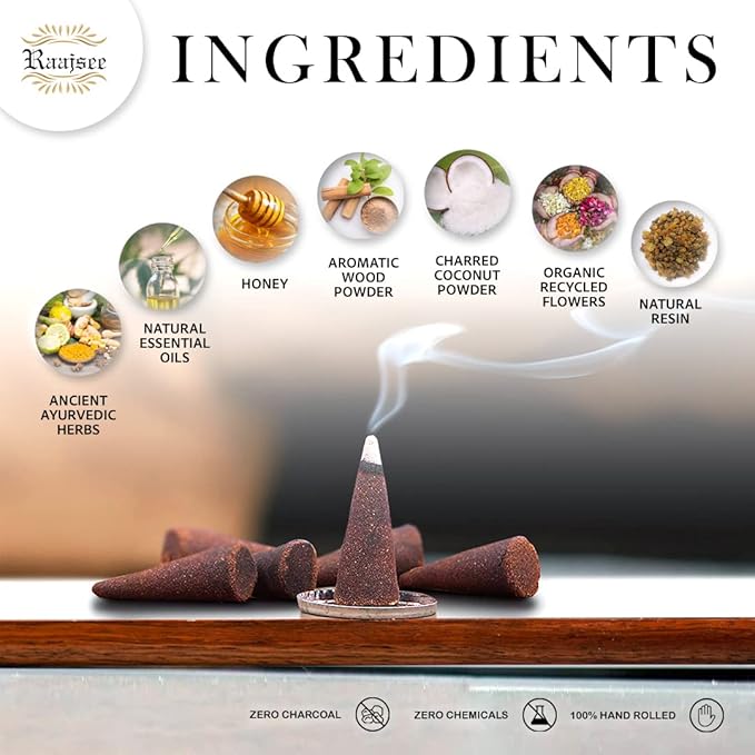 Raajsee Natural Incense Cones,6 Pack Mixed Scents Gift Pack 15 pc Each (90 Total), Insense Cones Variety Pack, 100% Organic Non Toxic Natural - Hand Rolled Free from Chemicals (Pack 1)