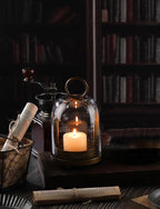 7.5" High Versatile Modern Metal Hurricane Lantern with Handmade Sturdy Glass Dome for 2" Pillar Candle & Plants (Brass, 4" x7.5)