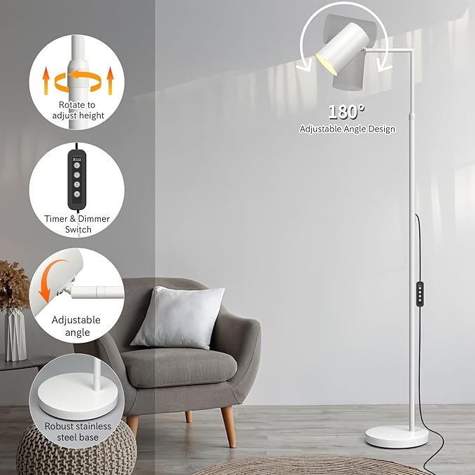 Stepless Dimmable Arc Floor Lamp for Living Room with Timer,Height Adjustable Modern Reading Standing Lamps for Living Room,Reading Room,Office,LED Bulb Included (White-DM)