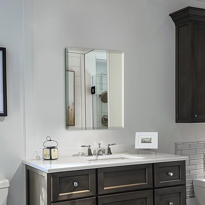 Mirrorons Beveled Mirror, Wall Mirror 18" x 24", Frameless Rectangle Bathroom Mirror with Beveled Edge, Hangs Horizontally or Vertically. Rounded Corner Tempered