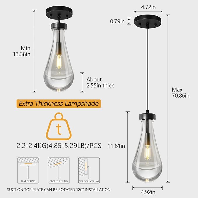 Raindrop Pendant Lights Kitchen Island Set of 2 Teardrop Black Hanging Light Fixtures Clear Solid Glass Pendant Light Modern Chandeliers for Dining Room Porch Corridor Living Room…