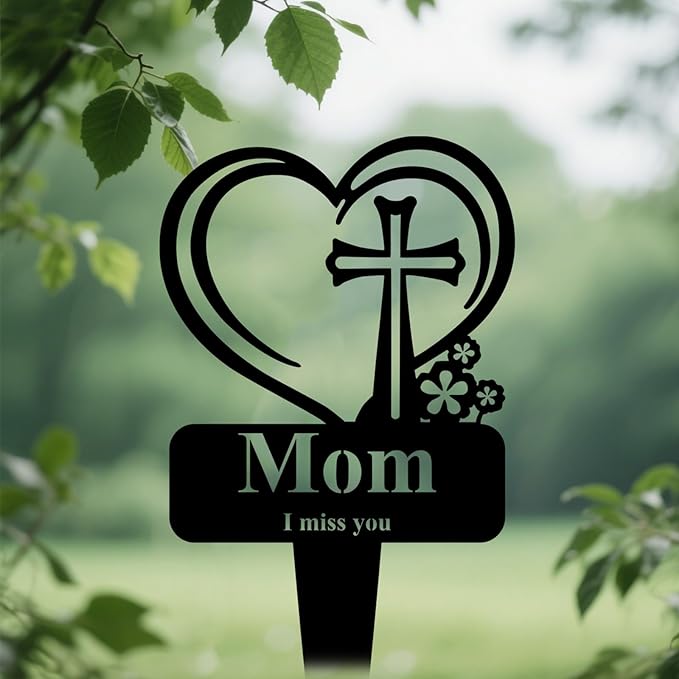 Mom Memorial Grave Stake, Cemetery Decorations for Grave Markers 12.5 x 7.2 inch Heart Metal Sympathy Stakes Graveside Plaque Decor Sign for Mother Graves, Yard, Garden - Black-Mom