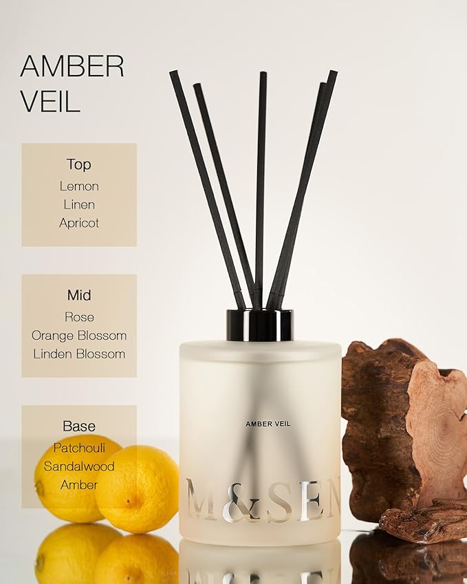 M&SENSE Amber Lemon Reed Diffuser Set - 16.9 fl oz Scent Diffuser with Sticks, Long-Lasting Aromatherapy Oil Diffuser, Home Fragrance Gift Set for Bedroom, Bathroom & Office Decor