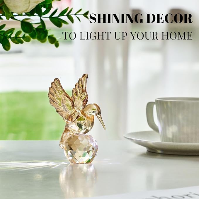 Crystal Glass Hummingbird Figurine Gold Tiny Bird Statue Hand Blown Glass Animal Sculpture Collectible Paperweight Gift for Women