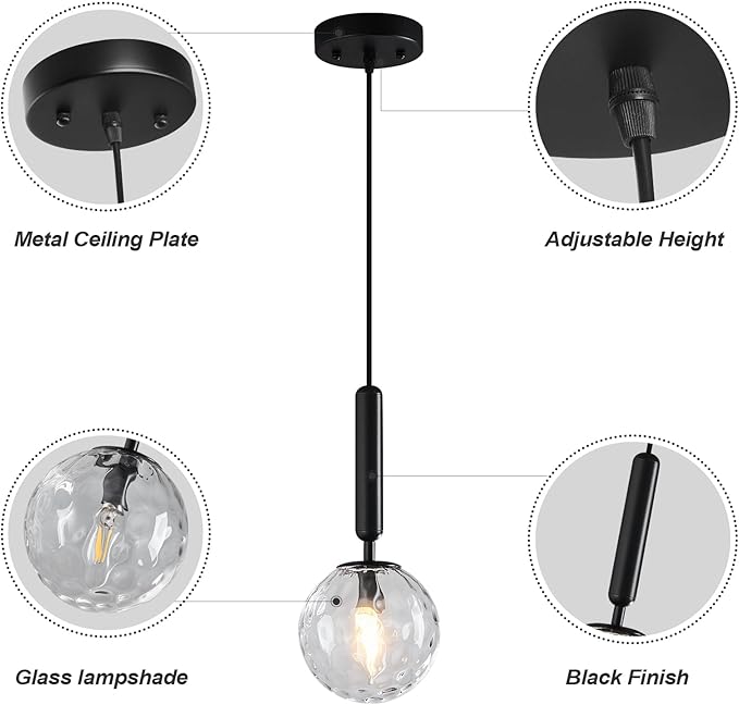 Modern Black Pendant Light Hanging Fixture Light for Kitchen Island Mid Century with Globe Pendant Light Clear Glass Pendant Lighting for Living Room Bedroom Entryway (1 Pack)