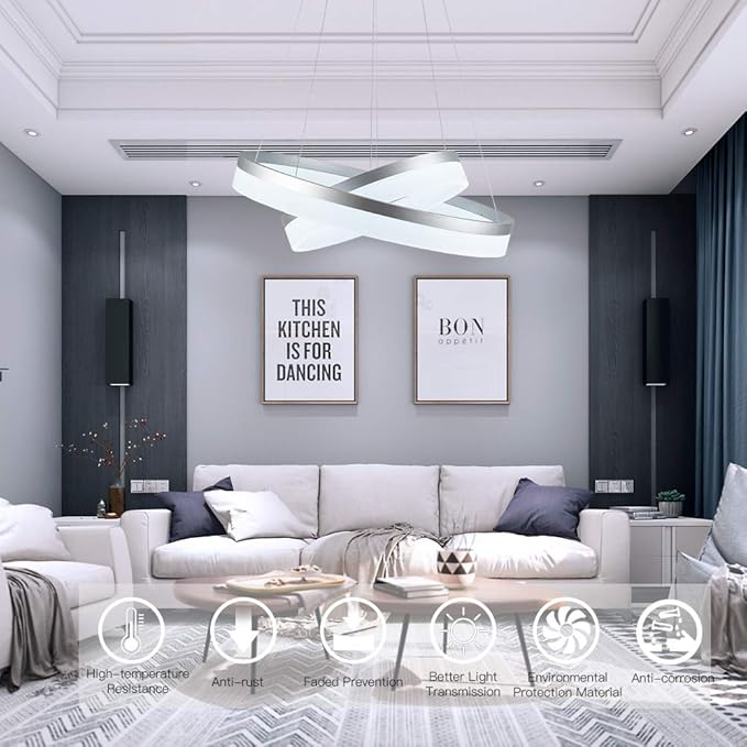 LED Silver Chandeliers Modern Pendant Light, 2 Rings Dimmable Chandelier Lighting Fixture for Living Room Bedroom Kitchen Island Resturant Dining Room 6000K Cool White