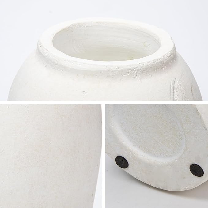 Handcrafted Terracotta Flower Vase, 9.6" Tall, Vintage White Ceramic, Rustic Antique Decor, Wide Mouth, Matte Finish for Home Office Resto Cafe