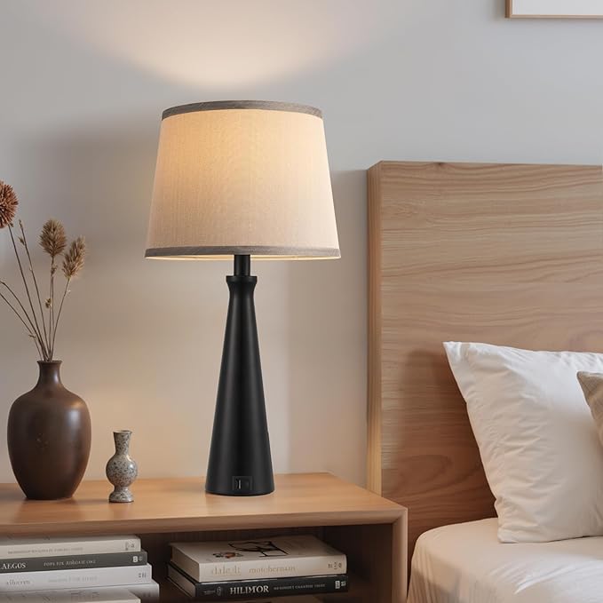 Seealle Modern Table Lamps Set of 2 - Touch Bedside Lamp for Nightstand with USB C+A,3-Way Dimmable Black Nightstand Lamps for Living Room Bedroom End Table with Grey Shade(Bulb Included)