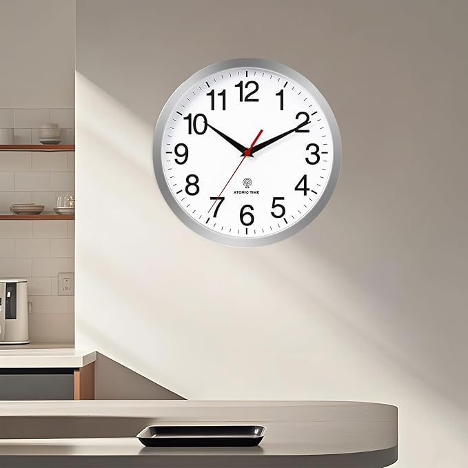 Atomic Wall Clock Modern 10 Inch Battery Operated Silent Non Ticking Analog Clock Decorative for Bedroom Kitchen Bathroom Office Home Living Room (Silver)