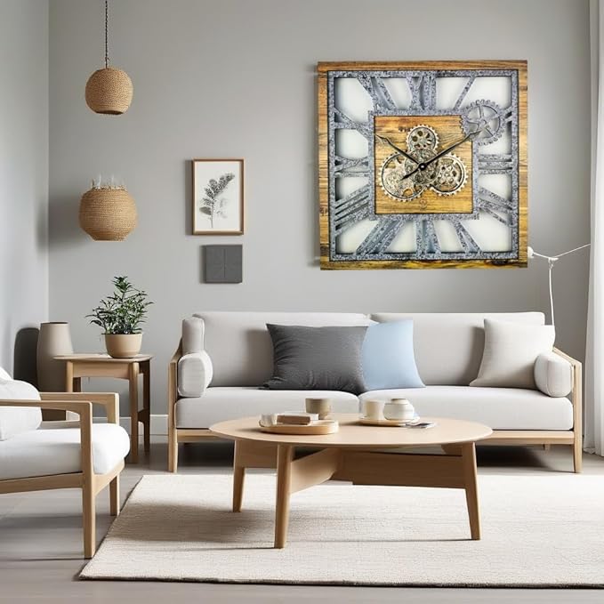 The Gears Clock 24'' Inch Square Real Moving Gear Wall Clock Vintage Industrial Oversized Rustic Farmhouse (Wood and Stone)