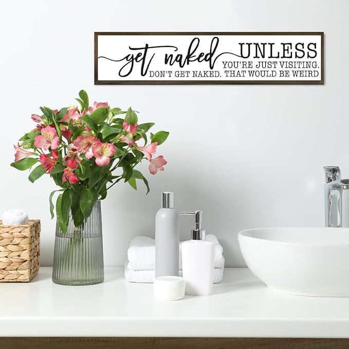 Humorous Decor for Bathroom, Get Naked Unless You're Just Visiting Sign, Funny Bathroom Box Sign, Rustic Wood Framed Signs, Modern Farmhouse Home Decoration, Restroom Decor 14.9 * 3.3 * 0.9 inches