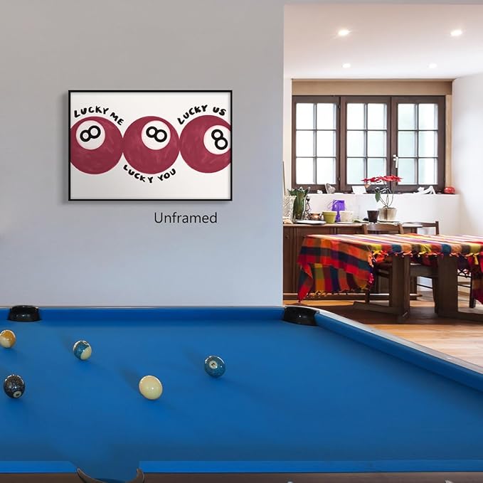 Wodkodnxy Red 8 Ball Poster, Lucky Me Lucky You Lucky Us Quote Canvas Wall Art, Playful Billiards Balls Picture Print, Retro 8ball Pool Painting for Bar Cart Game Room Man Caves Wall 12x16in Unframed