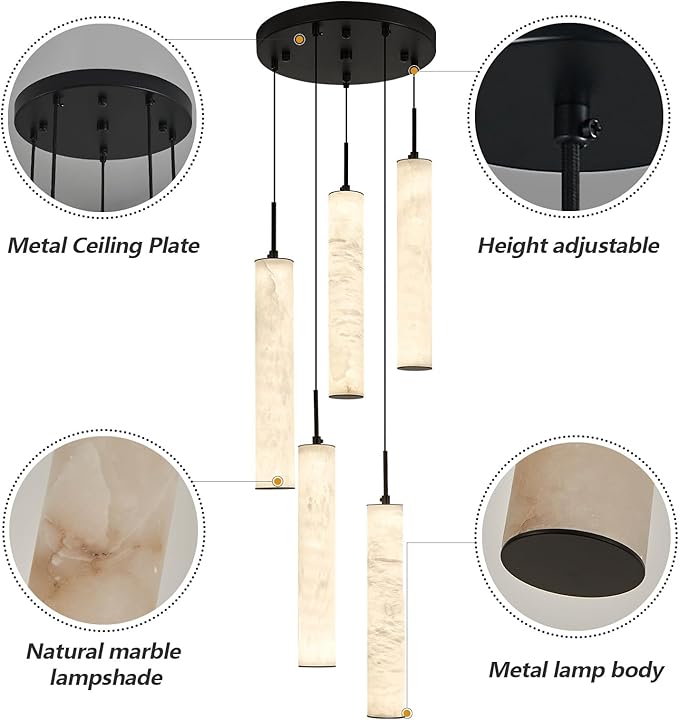 LMQNINE Natural Alabaster Pendant Lights for Kitchen Island White Marble Long Tube Chandelier Modern Black Ceiling Light Fixtures for Bedroom Dining Room Table Living Room Hallway(M-5Light)