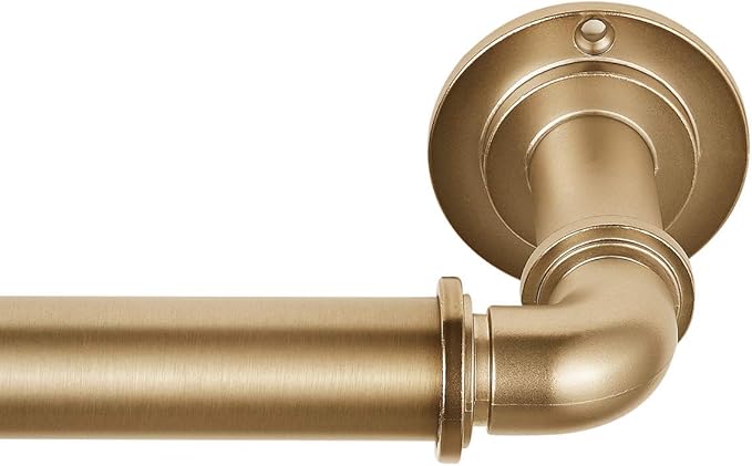 MODE Industrial Room Darkening Collection 1 1/8" Diameter Industrial Curtain Rod Set with Steel Wall Mounted Adjustable Curtain Rod, Blocks Light, Fits 72” to 144” Windows, Warm Gold