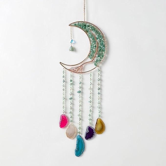 Agate Gemstone Dream Catcher 7 Chakra Tree of Life Dream Catcher with Rainbow Crystal Stones Handmade Dreamcatcher Wall Decor for Adults Boys Girls,Bedroom,Wedding,Garden,Bless Gift(Green Moon)
