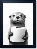 Black and White Bathroom Wall Art, Funny Bathroom Wall Decor, Toilet Paper in Raccoon's Hand Art Decor, Framed Animal Painting for Wall