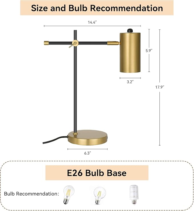 Modern Black and Gold Desk Lamp, Minimalist Industrial Table Lamp with Swing Arm, Gold and Black, for Study Room Home Office Bedroom Bedside Nightstand