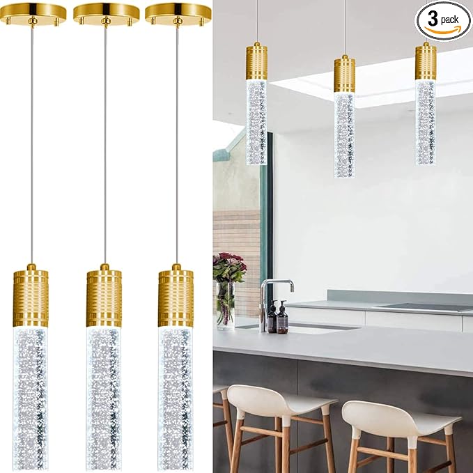 Set of 3 Pendant Lights for Kitchen Island, White Light, Gold Crystal Linear Pendant Lighting, Bar Corner LED Light Fixtures Glam Drop Light