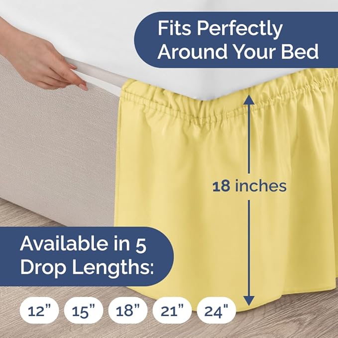 Wrap Around Dust Ruffle Bed Skirt - Yellow - Twin/Twin XL Size Beds with 18 Inch Drop - Easy Fit Elastic Strap - Adjustable Pleated Bedskirt w/Brushed Fabric - Wrinkle Free - Women, Men, Kids & Teens