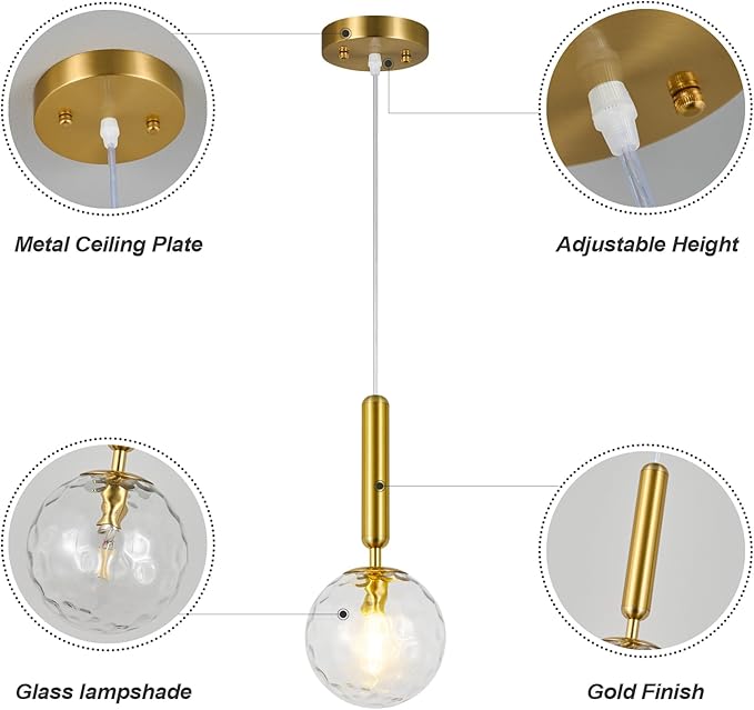 Modern Gold Pendant Light Hanging Fixture Light for Kitchen Island Mid Century with Globe Pendant Light Clear Glass Pendant Lighting for Living Room Bedroom Entryway (1 Pack)
