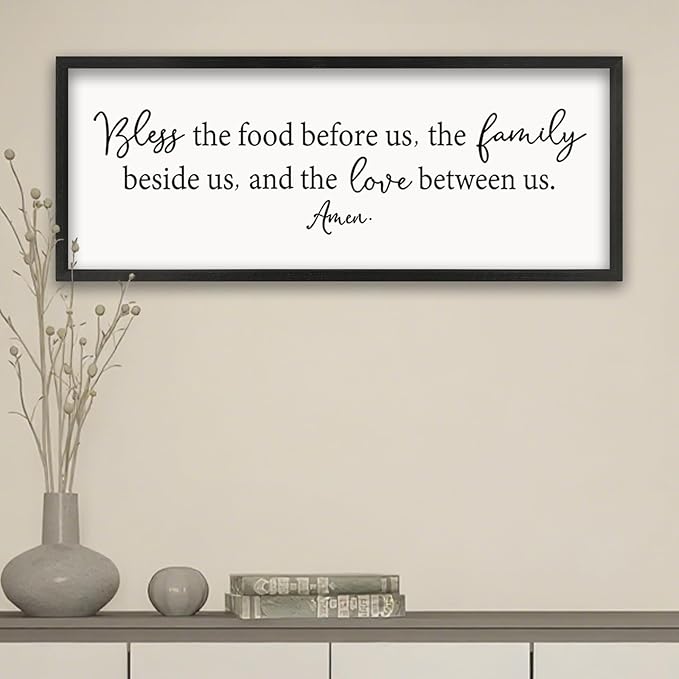 ZZJJHYWGQ Dining Room Bless The Food Before Us Wall Decor Kitchen Christian Sign 40"X15" Christian Grateful Farmhouse Large Catholic Wooden Frame Wall Hanging Art (Black)