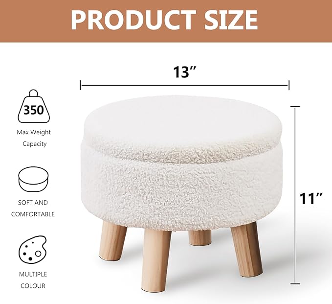 Wimarsbon Storage Ottoman, Modern Round Footrest with Soft Padded Seat, Teddy Velvet Footstool with Wood Legs, Accent Small Table or Plant Stand for Hallway, Living Room (Cream)