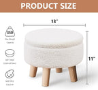 Wimarsbon Storage Ottoman, Modern Round Footrest with Soft Padded Seat, Teddy Velvet Footstool with Wood Legs, Accent Small Table or Plant Stand for Hallway, Living Room (Cream)