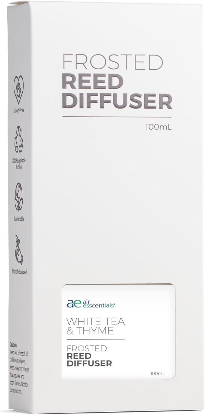 Frosted White Tea & Thyme Reed Diffuser Set - Decorative Fragrance Diffuser & Oil for Bathroom & Home | Long-Lasting Aroma | Natural Scent Sticks | Essential Oils & Botanicals| 100mL