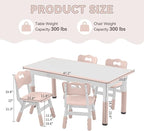 Kids Study Table and Chairs Set, Height Adjustable Toddler Table and Chair Set for Kids Ages 3-8, Graffiti Desktop Plastic Children Art Table with 4 Seats, Lovely Pink