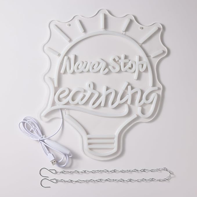 Never Stop Learning Neon Signs for Wall Decor USB Powered & Dimmable Neon Lights SignInspirational Letter Neon Lights for Classroom Library Study Room Bookstore Reading Corner&Book Club Motivational Wall Art