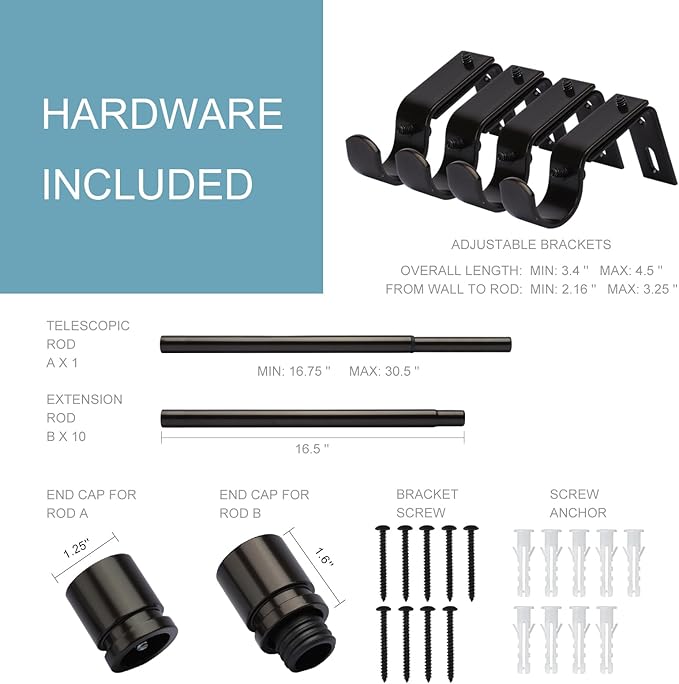 Curtain Rods for Windows 16 to 170 Inches Adjustable Length 1 Inch Diameter Window Curtain Rod with Aluminium End Cap, Antique Bronze