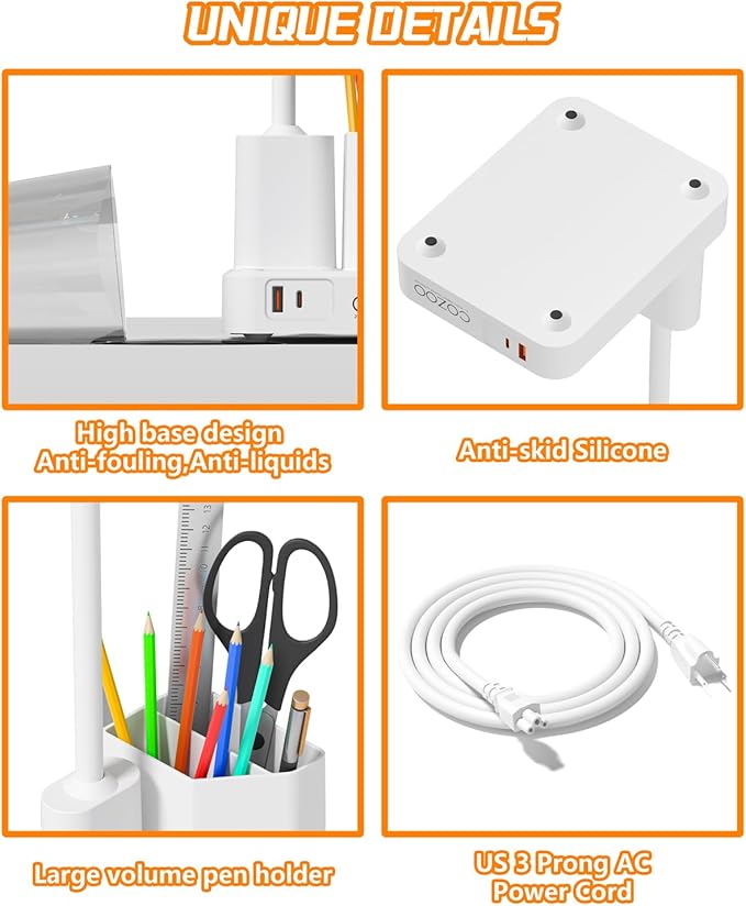 Desk Lamp, LED Desk Lamps for Home Office with 2 USB Charging Port/Outlet/Organizer,Desk Lamp for College Dorm Eye-Caring Study Light,Gooseneck Table Lamp with Pen Holders/Storage,9 Lighting Modes