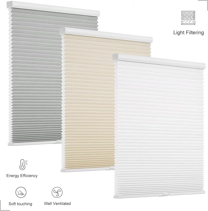 Changshade Cordless Cellular Shades, Light Filtering Honeycomb Shades for Windows, Pull Down Pleated Blinds, Easy to Install for Indoor Windows and French Doors,35" W x 48" H, White