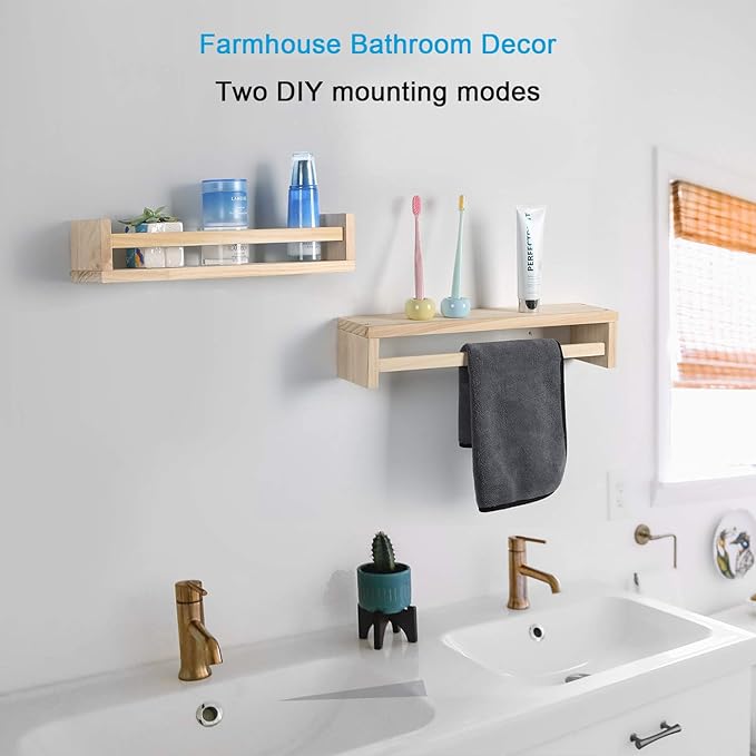 Nursery Floating Book Shelves for Kids Room, Kitchen Spice Rack, or Rustic Wall Mounted Shelves for Farmhouse Bathroom Decor (Natural Wood),Set of 2