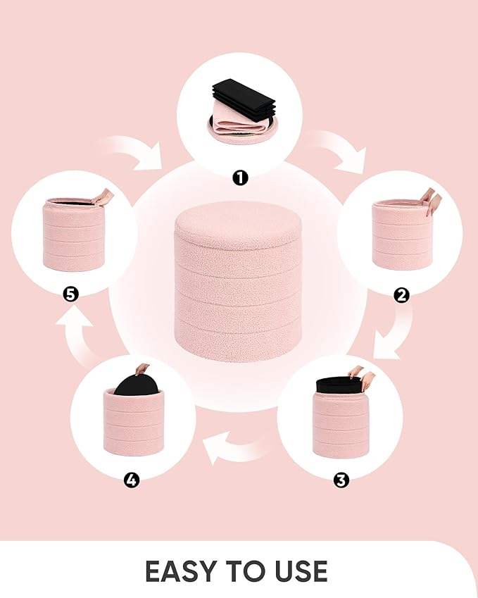 B FSOBEIIALEO Ottoman with Stroage, Round Sherpa Storage Ottoman Stool, Boucle Foot Rest 16.9"x16.9"x17.7"（Pink