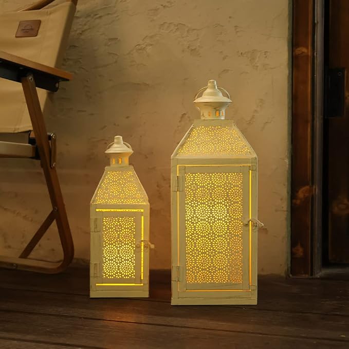 NEEDOMO 2Pack Outdoor Lantern, 16" Large White Candle Lanterns Decorative Indoor, Metal Frame with Glass, Vintage Farmhouse Lantern Decor for Front Porch, Garden, Patio, Pathway, Balcony,Yard
