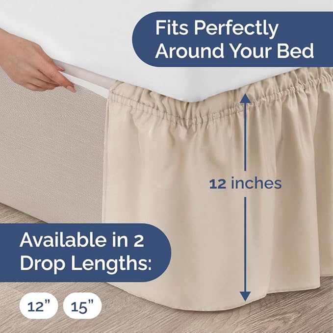 Wrap Around Dust Ruffle Bed Skirt - Wheat - for Queen Size Beds w/ 12 Inch Drop - Easy Fit Elastic Strap - Adjustable Pleated Bedskirt w/Brushed Fabric - Wrinkle Free - for Women, Men, Kids & Teens