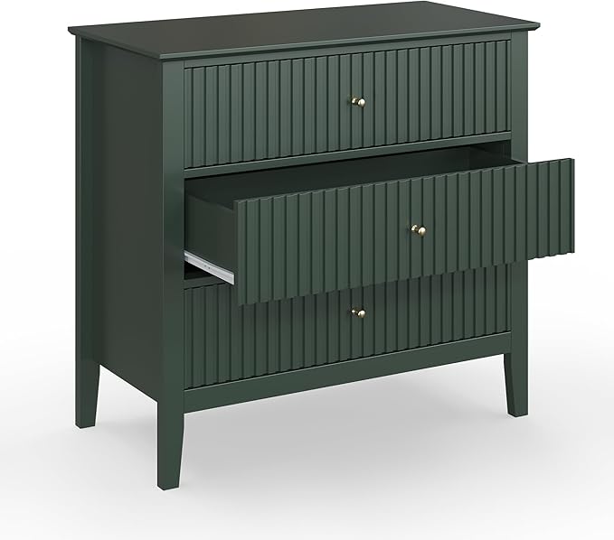 Large Green Fluted 3 Drawer Dresser Set of 2, Chest of Drawers with Ball Bearing Slide Modern 30 inch Tall Wood Nightstand with Spacious Storage for Bedroom Hallway Living Room Entryway
