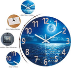 XFM Blue Wall Clock Battery Operated 14 Inch Moon Ocean Glass Clock Silent Non Ticking Modern Decorative Wall Clocks for Kitchen Bedroom Bathroom Decor