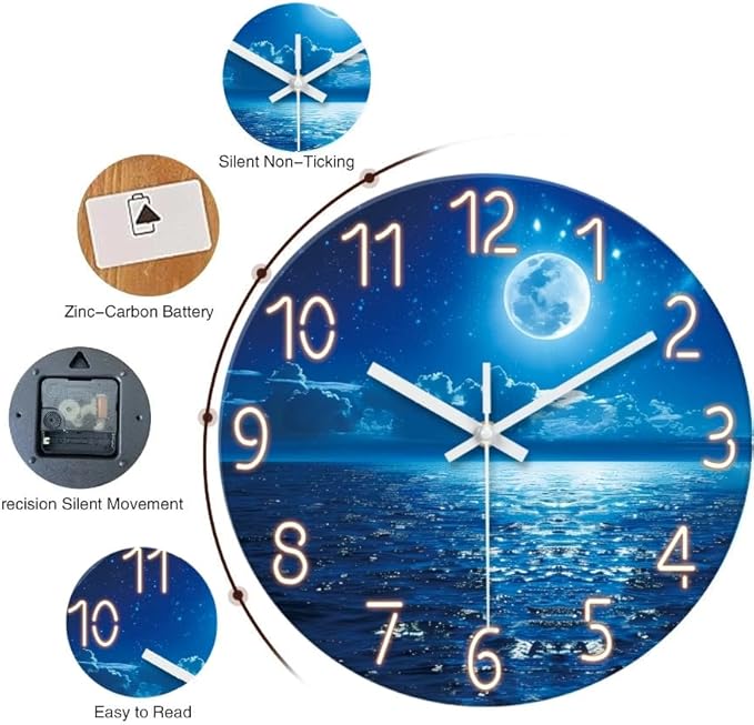 XFM Blue Wall Clock Battery Operated 12 Inch Moon Ocean Glass Clock Silent Non Ticking Modern Decorative Wall Clocks for Kitchen Bedroom Bathroom Decor