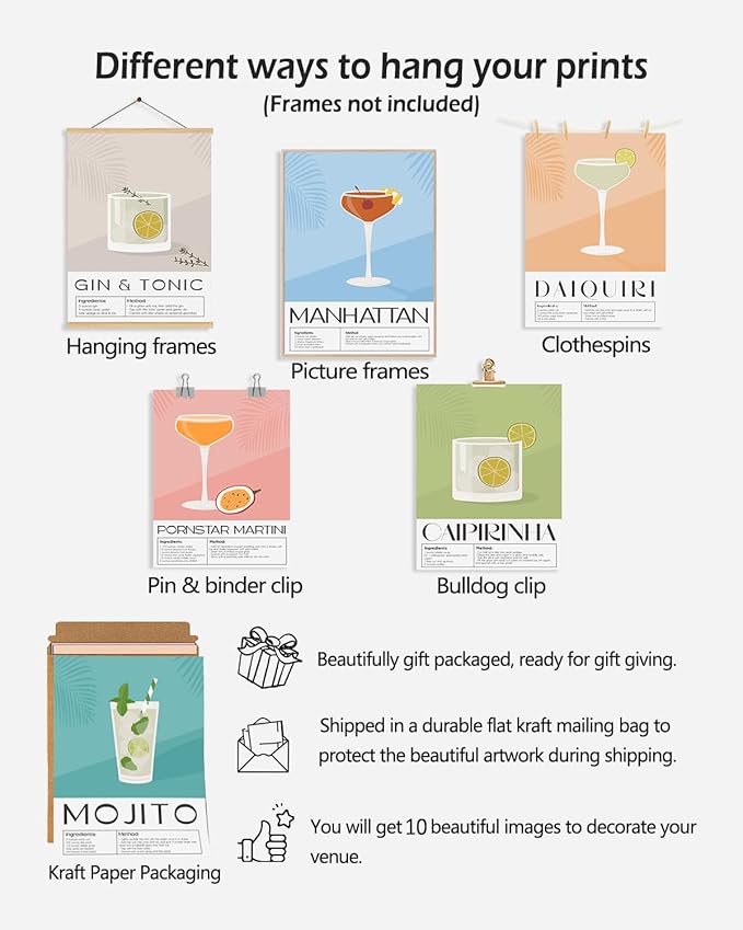 KBKBART Vintage Cocktail Poster Set of 10, Retro Bar Cart Accessories, Colorful Cocktail Wall Art, Funky Drink Aesthetic Pictures for Bar Cart Decor, Preppy Bar Art Prints for College Dorm Apartment - Unframed