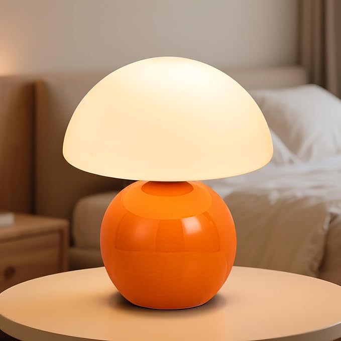 Mushroom Table Lamp, Orange Vintage LED Desk Light for Bedroom, Dimmable Ambient Lighting with Glass Shade for Bedroom, Reading, Home Décor, Gift for Friends