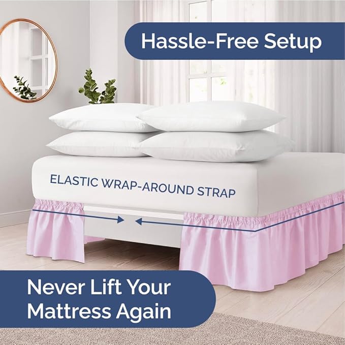 Wrap Around Dust Ruffle Bed Skirt - Light Pink - for Full Size Beds with 12 Inch Drop - Elastic Strap - Adjustable Pleated Bedskirt with Brushed Fabric and Wrinkle Free - for Women, Men, Kids & Teens