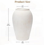 Handcrafted Terracotta Flower Vase, 9.6" Tall, Vintage White Ceramic, Rustic Antique Decor, Wide Mouth, Matte Finish for Home Office Resto Cafe