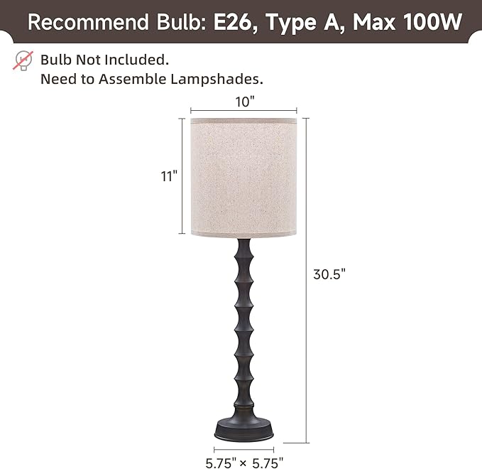 30.5" Rustic Buffet Table Lamps for Living Room Set of 2, Farmhouse Table Lamps for Buffet Set of 2, Oil Rubbed Bronze Candlestick Lamps with Linen Oatmeal Lampshade, Vintage Tall Skinny Lamps