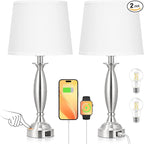 White Lamps for Bedrooms Set of 2 - Touch Control Bedside Lamp with USB C+A, 3 Way Dimmable Nightstand Lamps with USB Port, Table Lamp for Living Room(White Shade and Nickel Base)
