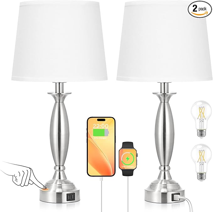 White Lamps for Bedrooms Set of 2 - Touch Control Bedside Lamp with USB C+A, 3 Way Dimmable Nightstand Lamps with USB Port, Table Lamp for Living Room(White Shade and Nickel Base)