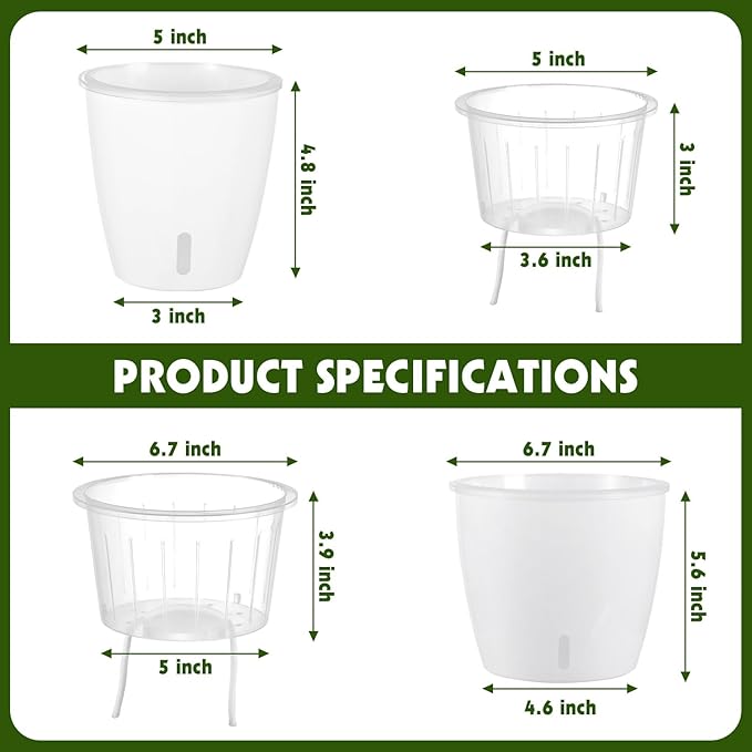 Self Watering Pots for Indoor Plants, 6-Pack 6.7'' Self Watering Planter with Drainage Holes, Small African Violet Pots with Water Indicator, Clear Wick Orchid Pot, White