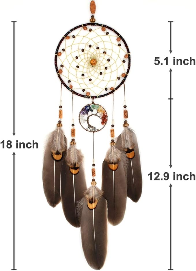 Urdeoms Tree of Life Dream Catchers for Bedroom Adult Brown Boho Dream Catcher Wall Decor for Girls Chakra Crystal Healing Stones Hanging Ornament Room Decoration 18" Length(NO.12)